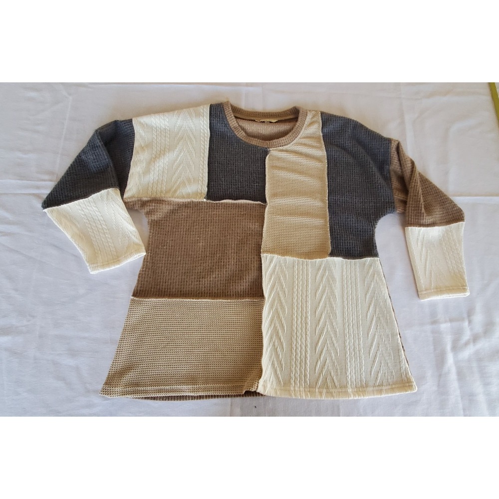 Yak & Yeti Patchwork Knit Sweater Womens S/M Tan Gray Cream‎ waffle Boho Top
